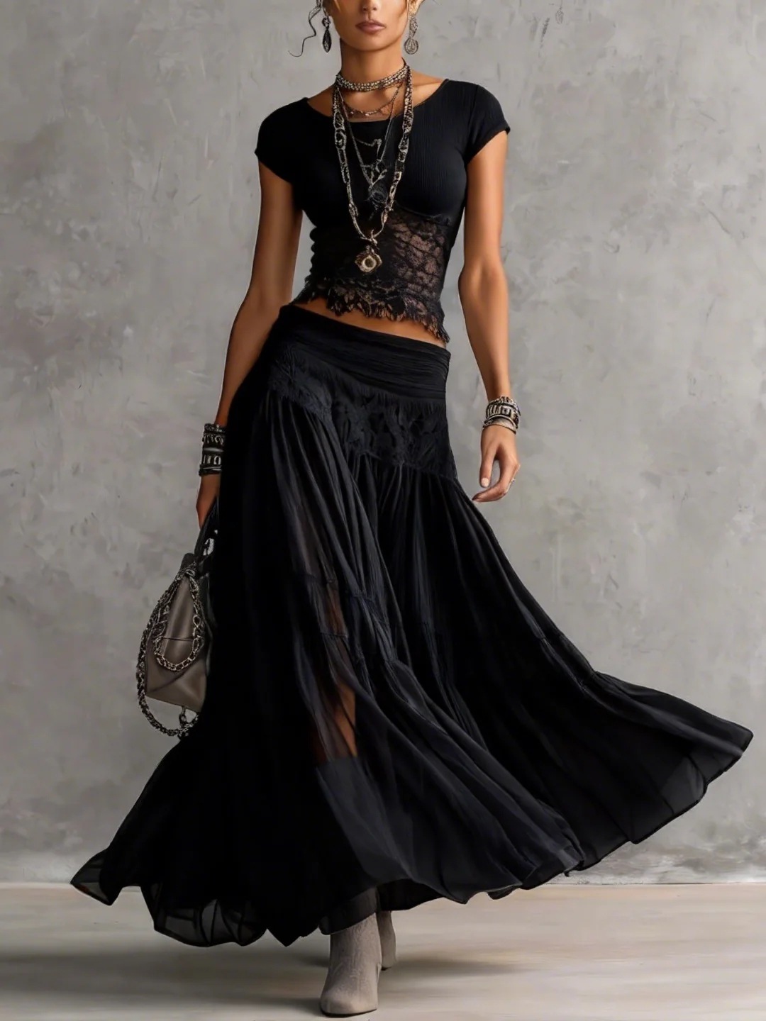 Summer Clothing Y2K - 2026 Gri Örme Üst + Şifon