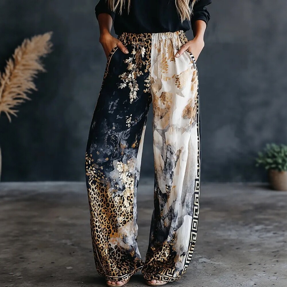 Palazzo Pant Wide - Kadın Renk Bloklu Leopar Desenli Geniş