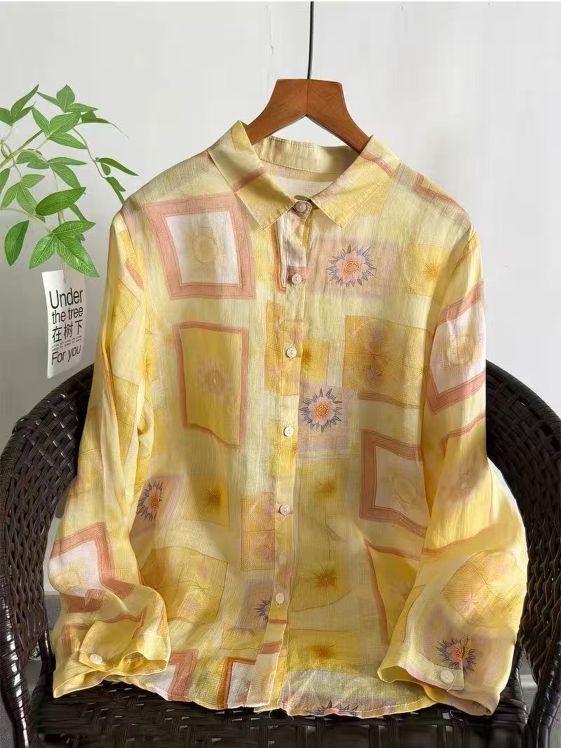 Yellow Summer Clothing - 100% Rami Gömlek İlkbahar Sonbahar Orijinal