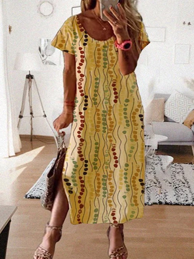 Yellow Summer Clothing - Büyük Beden Sarı Baskılı Midi Elbise,