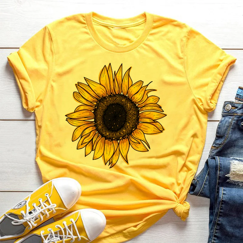 Yellow Summer Clothing - Sarı kadın T-shirt Ayçiçeği Arı Estetik